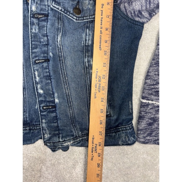 Free People Women's Cotton Denim Jean Woven Knit Sleeves Hoodie Jacket Blue Gray - Picture 10 of 10